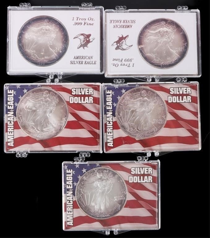 ASSORTED FINE SILVER AMERICAN EAGLES RT - (5) (1 of 5)