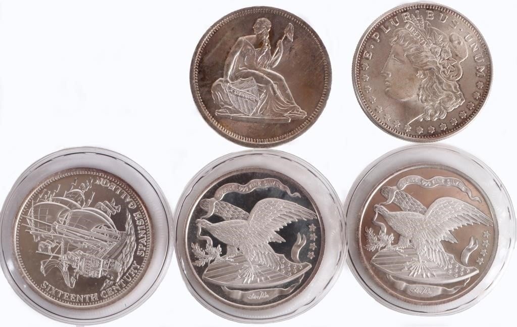 ASSORTED FINE SILVER 1 OZ BULLION ROUNDS - (5): Assorted fine silver 1 Troy ounce bullion rounds to include three Silver Towne rounds, one Morgan round and one Seated Liberty round. Weight: 155.52 Grams Condition: Mint State uncirculated.