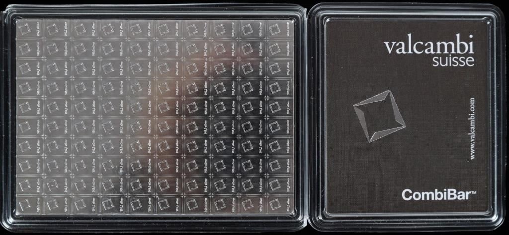 VALCAMBI SUISSE FINE SILVER 100 ONE GRAM COMBIBAR: Valcambi Suisse fine silver 100 one gram CombiBar sealed. Weight: 100.00 Grams Condition: Sealed, Mint State condition.