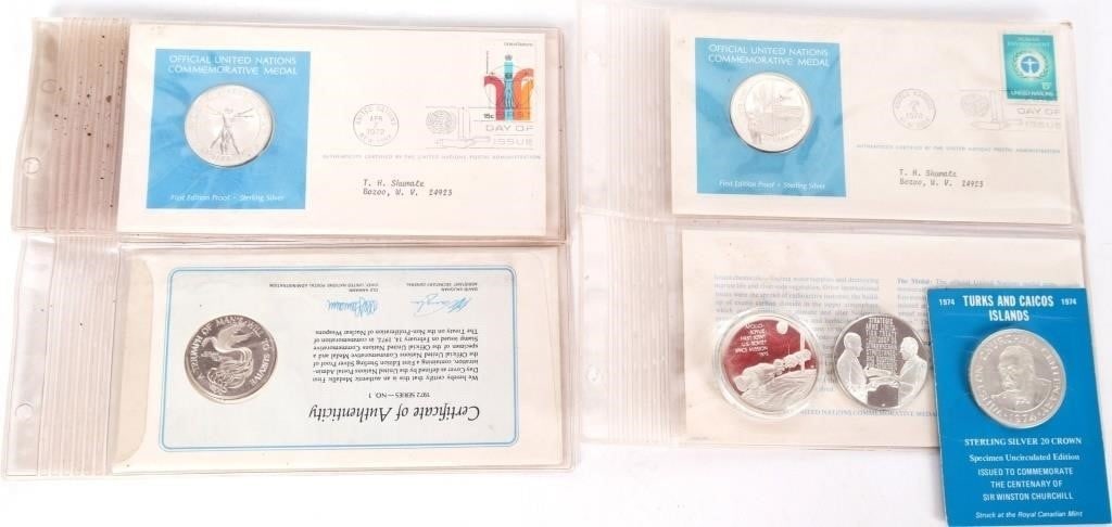 ASSORTED 0.925 SILVER COMMEMORATIVE COIN/MEDALS(6): Assorted sterling silver commemorative coin/medals to include one 1974 Turks and Caicos 20 Crown, one 1975 Apollo medal, one Strategic Arms Limitation Treaty medal, and three 1972 World Health Day