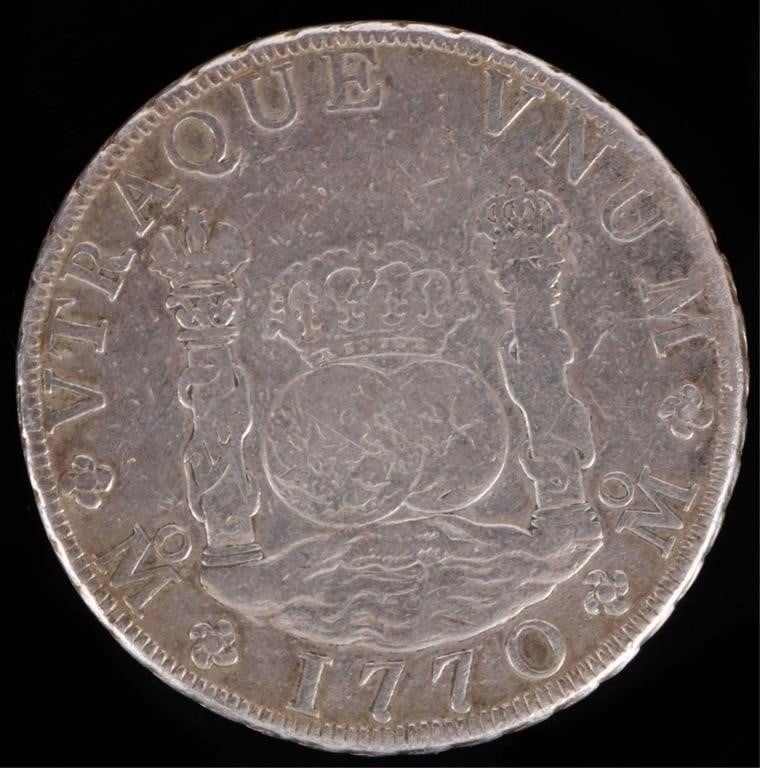 1770 MEXICO CITY 8 REALES VTRAQUE VNUM SILVER COIN: 1770 Mexico City 8 Reales Vtraque Vnum silver Pillar Dollar. Struck in Mexico City under Charles III, this coin served as the world's dominant trade coin and inspired the U.S. dollar. Weight: 26.62 Gr