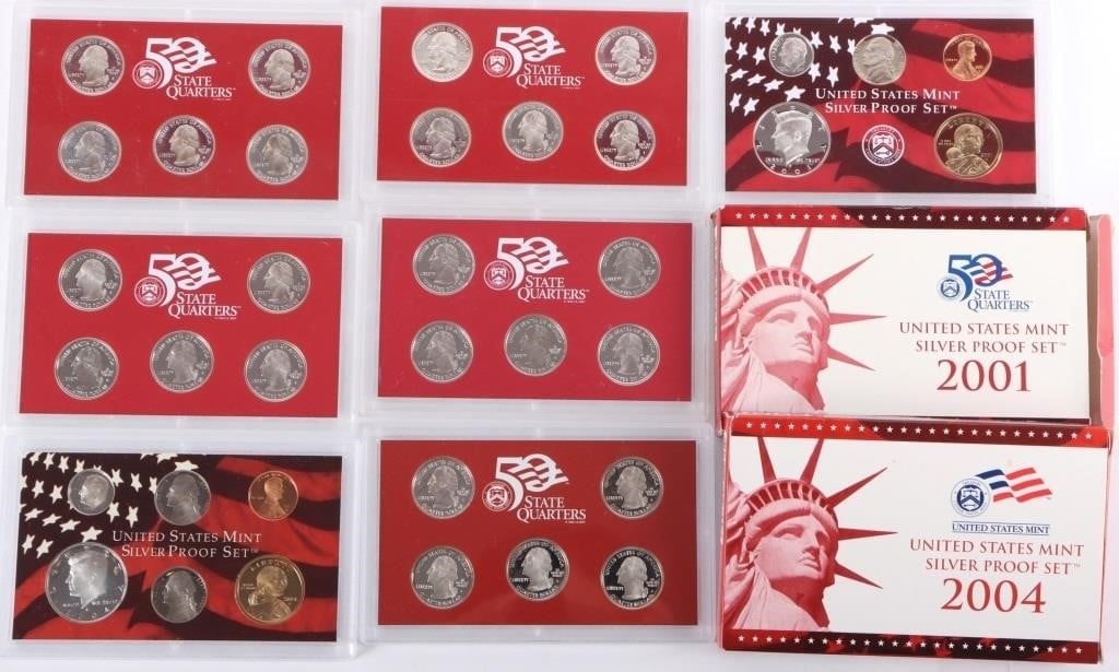 ASSORTED U.S. 90% SILVER PROOF SETS 2000-2004 -(5): Assorted U.S. 90% silver Proof sets 2000-2004 to include one 2004 Silver Proof set, one 2001 Silver Proof set, two 2000 U.S. Mint 50 State Quarters Silver Proof set, and one 2001 U.S. Mint 50 State Qu