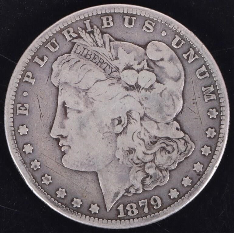 1879 S REVERSE OF 1878 90% SILVER MORGAN DOLLAR: 1879 S reverse of 1878 90% silver Morgan Dollar. During the mintage of this coin, San Francisco was in the process of changing the eagle design on the reverse. Therefore, only the first portion of the