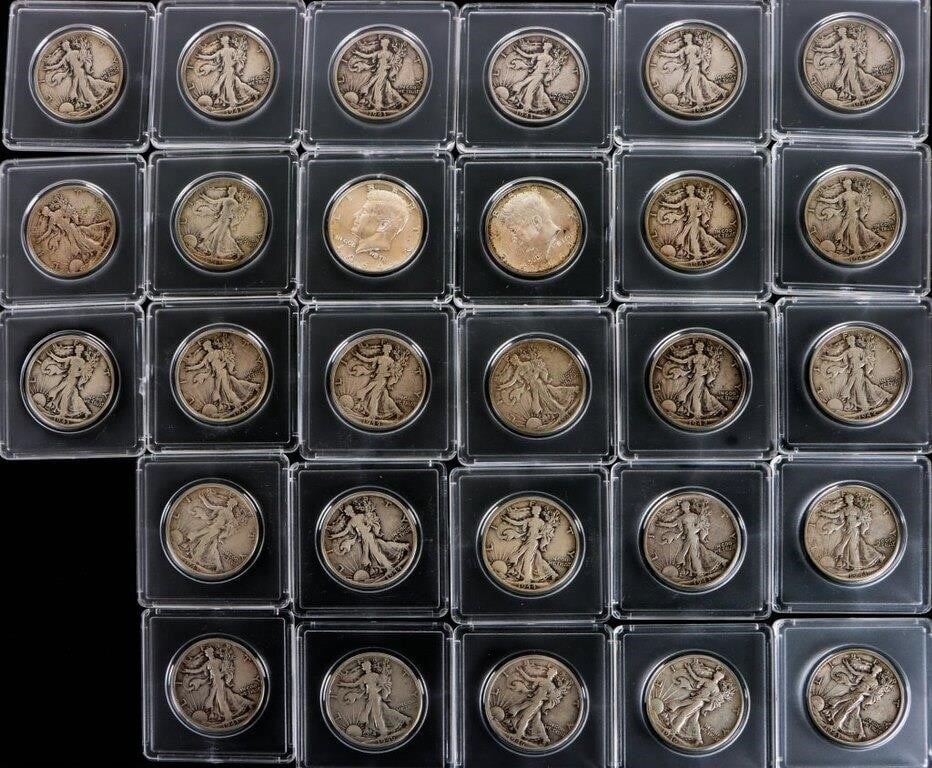ASSORTED WALKING LIBERTY HALF DOLLARS - (28): Twenty-eight assorted 90% silver Walking Liberty Half Dollars encased and boxed. Weight: 350.00 Grams Condition: Ranges between Good to Very Fine.