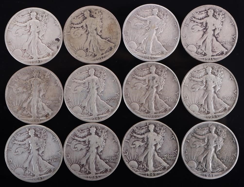 ASSORTED 90% SILVER WALKING LIBERTY HALVES - (12): Twelve assorted 90% silver Walking Liberty Half Dollars. Weight: 150.00 Grams Condition: Ranges from Good to Very Fine.