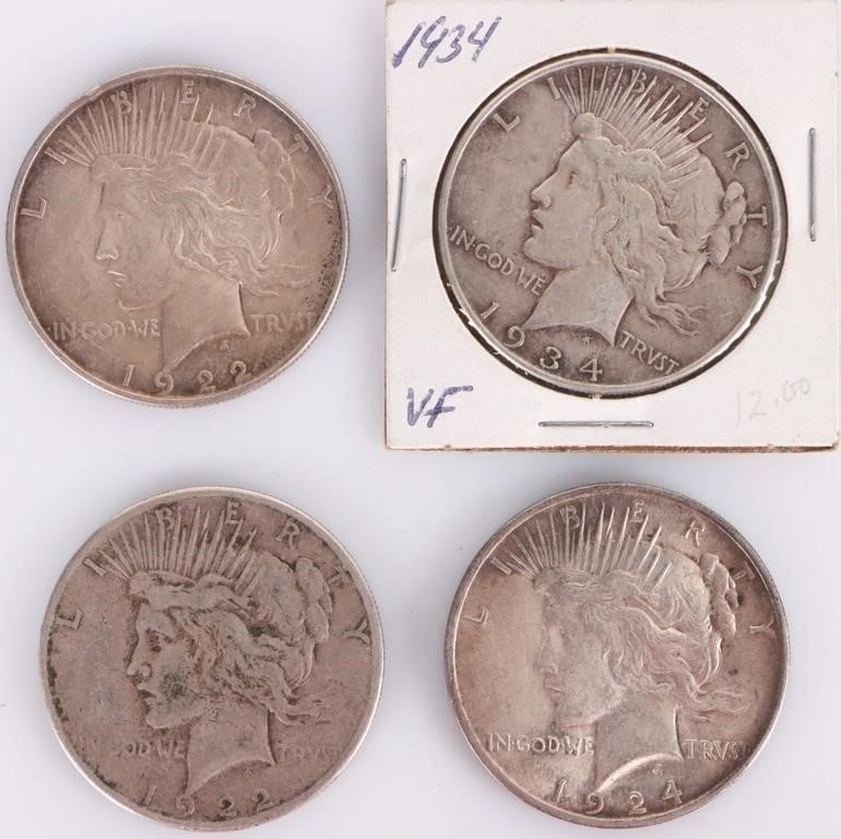 90% SILVER ASSORTED LIBERTY PEACE DOLLARS - (4): Four 90% silver assorted Liberty Peace Dollars. Weight: 106.78 Grams Condition: Ranges from Fine to Very Fine.