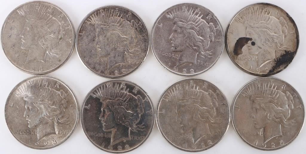 ASSORTED 90% SILVER LIBERTY PEACE DOLLARS - (8): Eight assorted 90% silver Liberty Peace Dollars. Weight: 213.84 Grams Condition: Ranging from Fine to Almost Uncirculated.