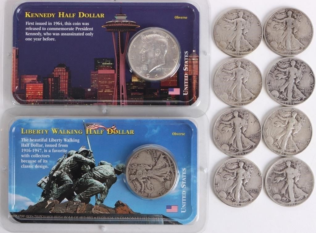 ASSORTED 90% SILVER KENNEDY/LIBERTY HALVES - (10): Assorted 90% silver Kennedy/Walking Liberty Half Dollars to include nine Walking Liberty Half Dollars and one 1964 Kennedy Half Dollars. Weight: 125.00 Grams Condition: Around Good to Almost