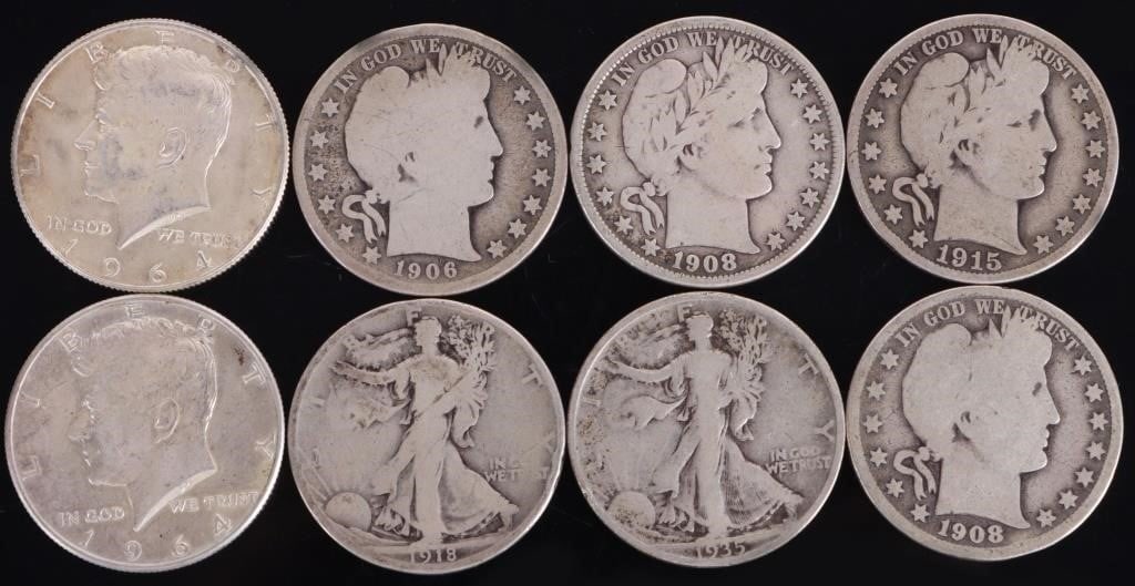 90% SILVER ASSORTED U.S. HALF DOLLARS - (9): 90% silver assorted Barber/ Walking Liberty/ Kennedy Halves to include four Barber, two Walking Liberty, and two Kennedy Halves. Weight: 240.57 Grams Condition: Ranges from Good to Almost