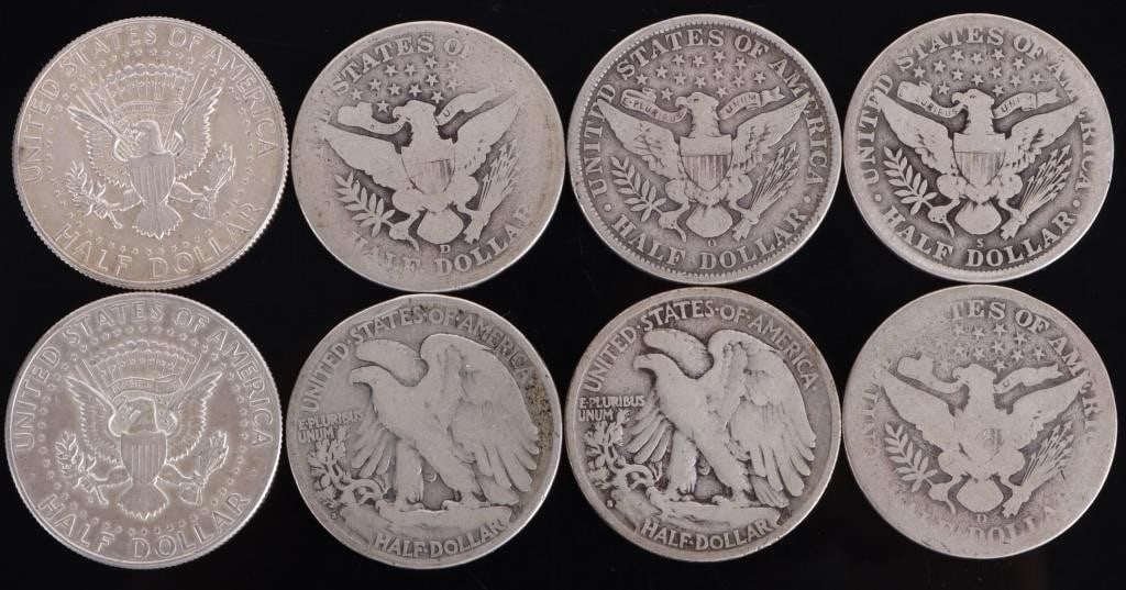 90% SILVER ASSORTED U.S. HALF DOLLARS - (9) - 2