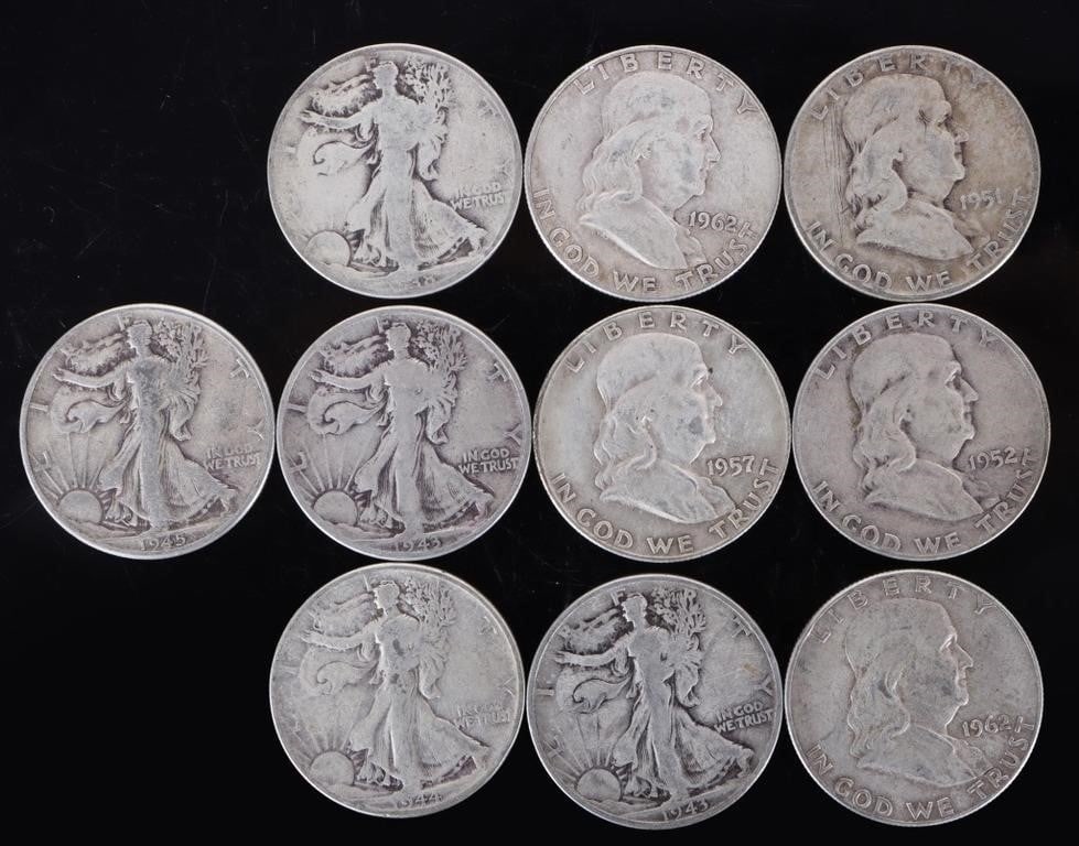 ASSORTED 90% SILVER U.S. HALF DOLLARS - (10): Ten assorted 90% silver U.S. half dollars to include five Walking Liberty Half Dollars and five Franklin Half Dollars. Weight: 123.07 Grams Condition: Ranges from Fair to Fine.