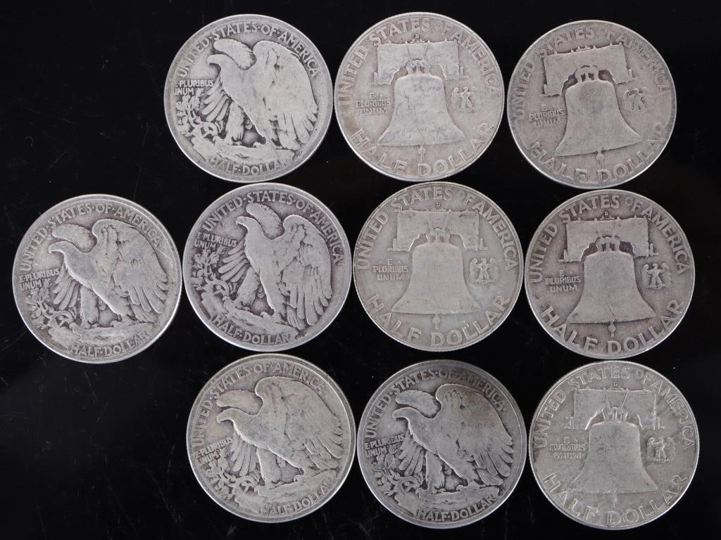 ASSORTED 90% SILVER U.S. HALF DOLLARS - (10) - 2
