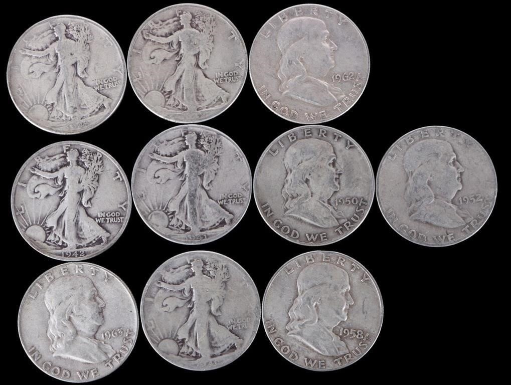 ASSORTED 90% SILVER U.S. HALF DOLLARS - (10): Ten assorted 90% silver U.S. half dollars to include five Walking Liberty Half Dollars and five Franklin Half Dollars. Weight: 122.51 Grams Condition: Ranges from Fair to Fine.
