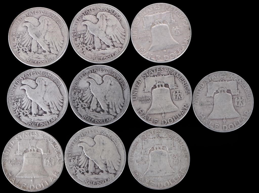 ASSORTED 90% SILVER U.S. HALF DOLLARS - (10) - 2