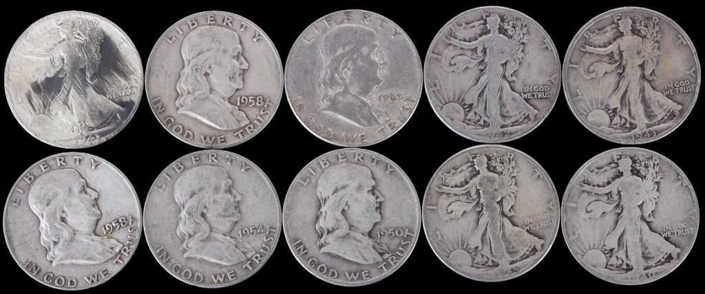 ASSORTED 90% SILVER U.S. HALF DOLLARS - (10): Ten assorted 90% silver U.S. half dollars to include five Walking Liberty Half Dollars and five Franklin Half Dollars. Weight: 122.62 Grams Condition: Ranges from Fair to Very Fine.