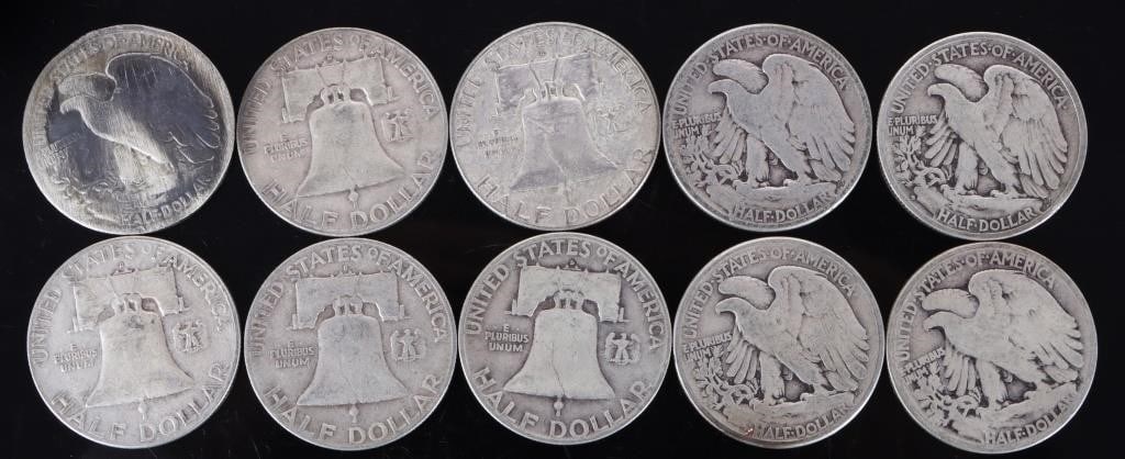 ASSORTED 90% SILVER U.S. HALF DOLLARS - (10) - 2