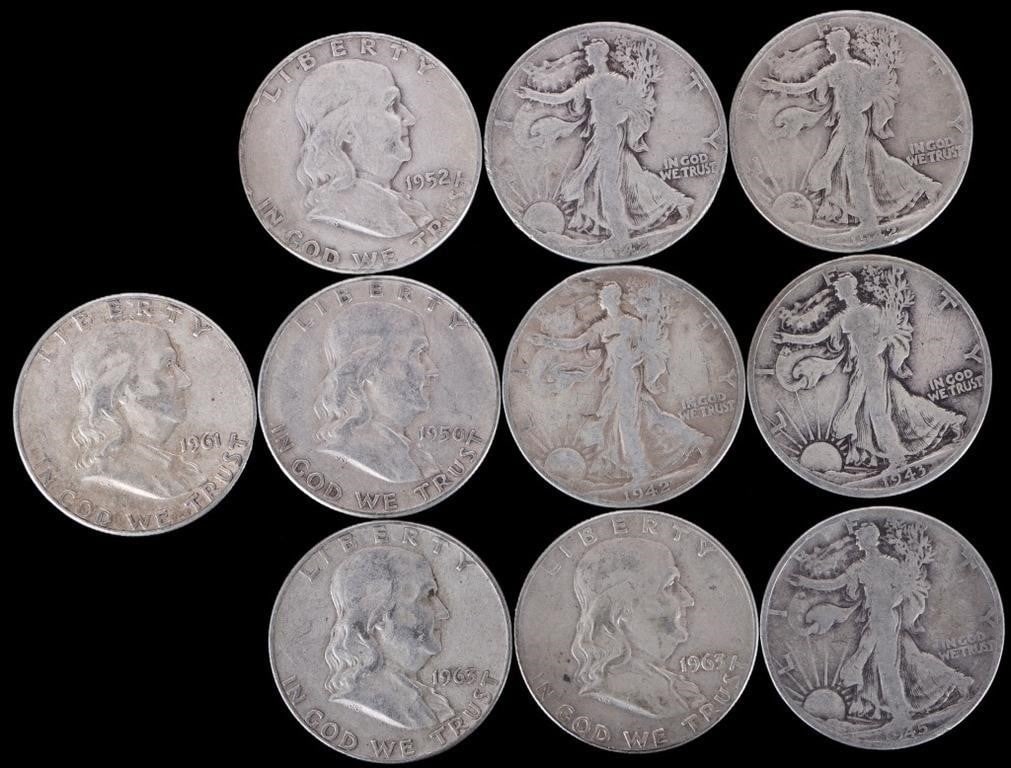 ASSORTED 90% SILVER U.S. HALF DOLLARS - (10): Ten assorted 90% silver U.S. half dollars to include five Walking Liberty Half Dollars and five Franklin Half Dollars. Weight: 123.54 Grams Condition: Ranges from Fair to Very Fine.