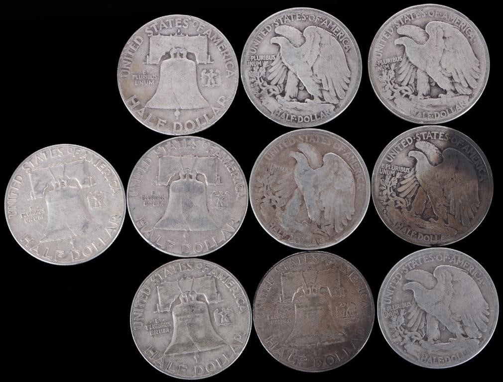 ASSORTED 90% SILVER U.S. HALF DOLLARS - (10) - 2