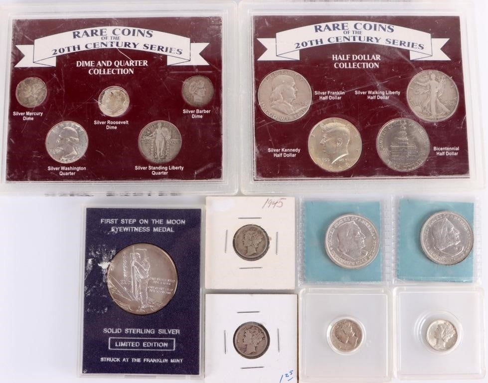 90-92.5% SILVER ASSORTED U.S. COINAGE LOT: 90-92.5% silver U.S. coinage lot to include two Columbian Expo 1893 P VF-20 Half Dollars, four Mercury Dimes, one Sterling Silver First Step on The Moon Medal, and two Rare Coins of the 20th Century