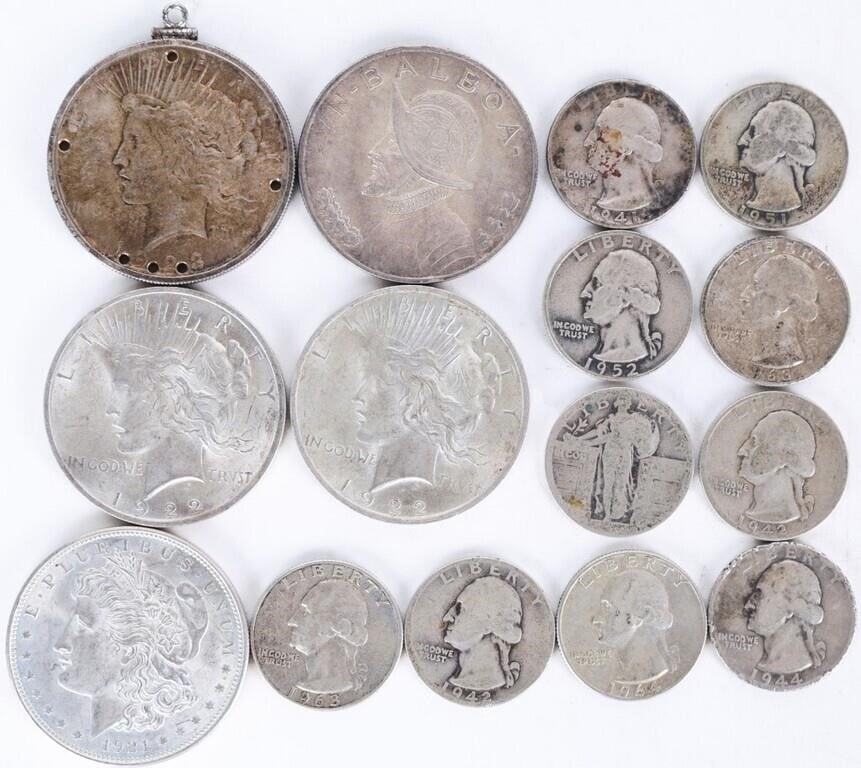 90% SILVER U.S./ PANAMA VINTAGE COINAGE - (15): 90% silver U.S./ Panama vintage coinage to include three Peace Dollars, one Morgan Dollar, one 1947 VN Balboa Republic of Panama 90% silver coin, and ten 90% silver quarters. Weight: 196.87 Grams Cond