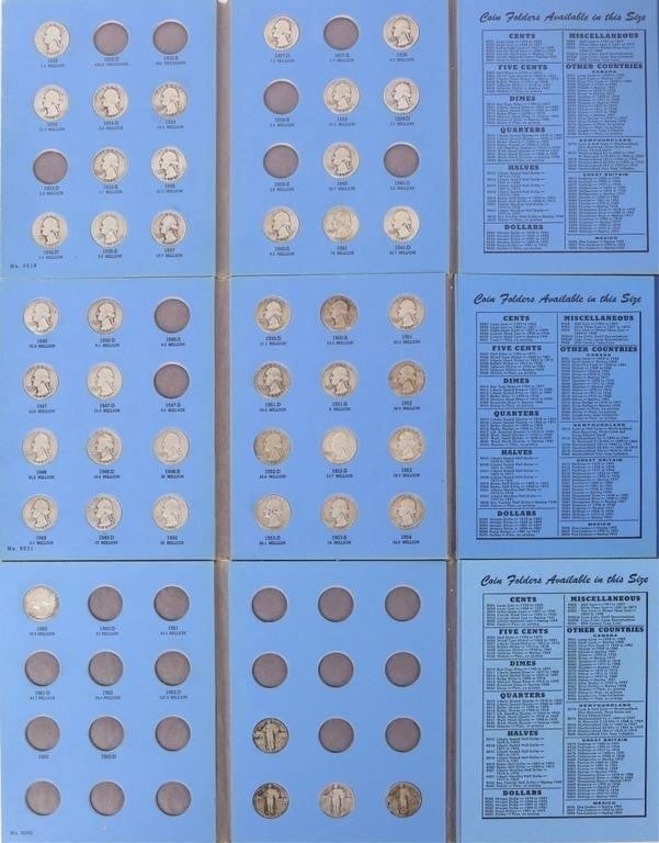 WASHINGTON HEAD QUARTER BOOKS 1-3 MOSTLY FULL: 90% silver Washington Head Quarter books 1-3 (1932-1960 and onward) mostly full with a total of 70 quarters included in the lot. There are a few Standing Liberty Quarters added to the 3rd book. Weight