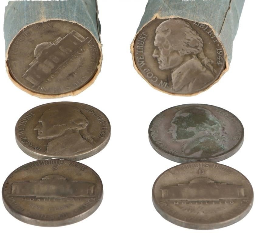 35% SILVER WARTIME JEFFERSON NICKEL ROLL OF 40-(2): Two 35% silver Wartime Jefferson Nickel rolls of 40. Weight: 400.00 Grams Condition: Circulated, most around Fine condition.