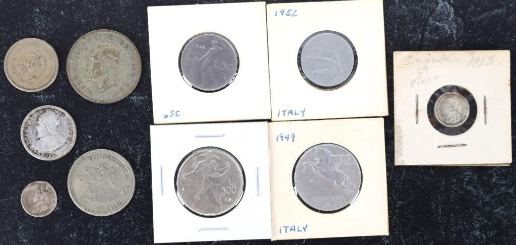 ANTIQUE/VINTAGE COINS MANUEL I TSAR NICHOLAS (20): Lot of twenty coins from a variety of time periods and countries, of note are a 1 Vintem coin from the reign of Manuel I (1495 - 1521), 100 Mils from the Palestinian Mandate (1927), 50 Kopecks from