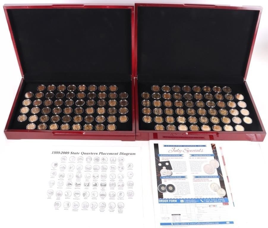 1999-2008 GOLD LAYERED STATEHOOD QUARTER COLL -(2): Two 1999-2008 gold layered Statehood Quarter Collections in cherry wood case. Weight: 635.04 Grams Condition: Mint State uncirculated.