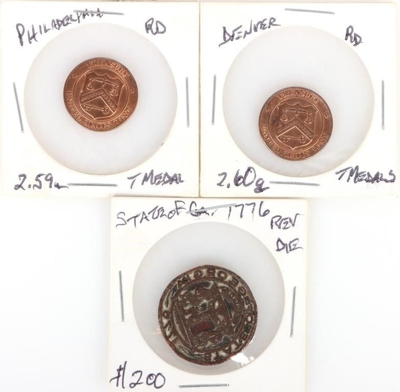 RARE ASSORTED U.S. TOKENS/ MEDALLIONS - (3): Rare assorted U.S. Tokens/ Medallions to include one extremely rare 1776 State of Georgia Aluminum Token (not minted in 1776) Reverse Die blank reverse, one Denver Mint Treasury U.S. Mint token and