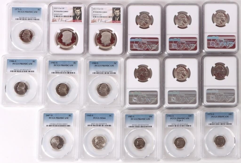 ASSORTED U.S. PF/MS NGC GRADED COINAGE - (17): Assorted U.S. PF/MS NGC graded coinage to include various nickels, dimes quarters, and half dollars. Condition: NGC/PCGS Proof/ Mint State - 66 to 70.