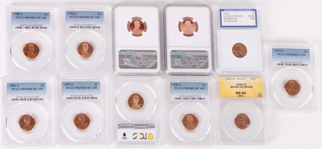 ASSORTED PF/MS-66 TO 70 LINCOLN PENNIES - (11): Assorted PF/MS-66 to 70 Lincoln pennies. Highlights to include the 1955 Poorman's double-die, 1996 Major die break error, 2021 S PF-70 rd ultra cameo and more. Weight: 34.21 Grams Condition: Proof/