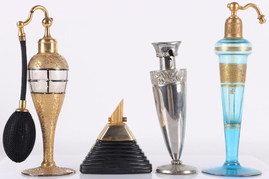 ANTIQUE/VINTAGE DEVILBISS PERFUME ATOMIZERS (4): Lot of four antique and vintage DeVilbiss perfume atomizers, to include a gold and tinted blue piece, a a gold and windowpane piece, a pyramidal 24k plated black piece, and a silver-colored metal piec