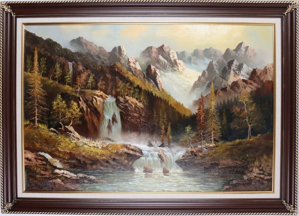 AFTER BOB ROSS ORIGINAL MOUNTAIN LANDSCAPE OIL: After Bob Ross (1942-1995, American) original mountain landscape oil painting. This beautiful piece was created after the time of Bob Ross by an unknown artist. Bob Ross was an art instructor who crea
