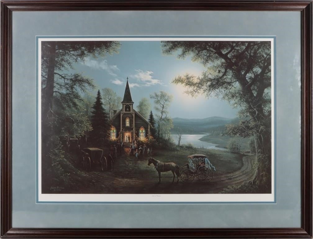 JESSE BARNES LOVE IS FOREVER PRINT 141/2800: "Love is Forever" print by Jesse Barnes, to depict an evening wedding scene in the Ozarks. 141/2800. The piece is contained in a dark stained-wood frame with a blue and white matte border and is behin