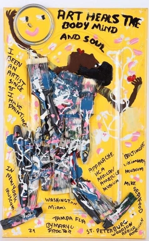 MARY L. PROCTOR 'ART HEALS THE SOUL' OIL ON DOOR: Mary Louise Proctor (American, 1960-Present) "Art Heals The Body Mind & Soul" oil on cabinet door collage. This piece features a woman dressed in paintbrushes looking up at the sun, made of a mason ja
