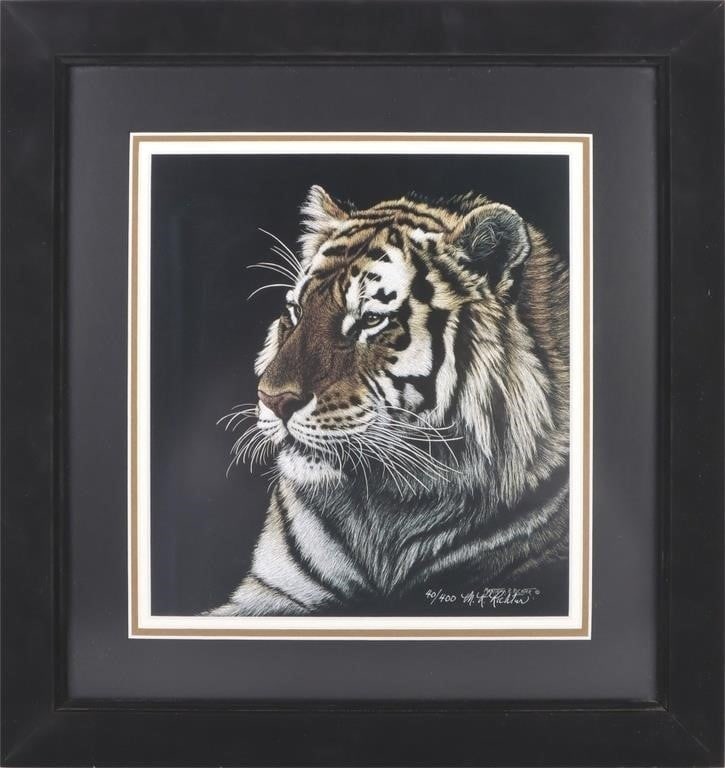MARTIENA R. RICHTER SIGNED & NUMBERED TIGER PRINT: Martiena R. Richter (Netherlandish, signed limited edition (40/400) "Siberian Serenity" framed lithograph after the original scratchboard. Includes certificate of authenticity signed by the artist her