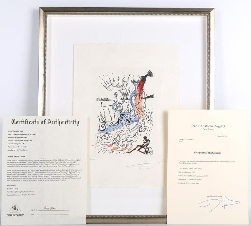 SALVADOR DALI RIVER OF PLENTY MAO SERIES 85/95: "River of Plenty" from Salvador Dali's Mao Tse-Tung Poems collection. This series illustrates the poetry of the Chinese Communist leader Mao Zedong, often with a satirical edge. The present example, f