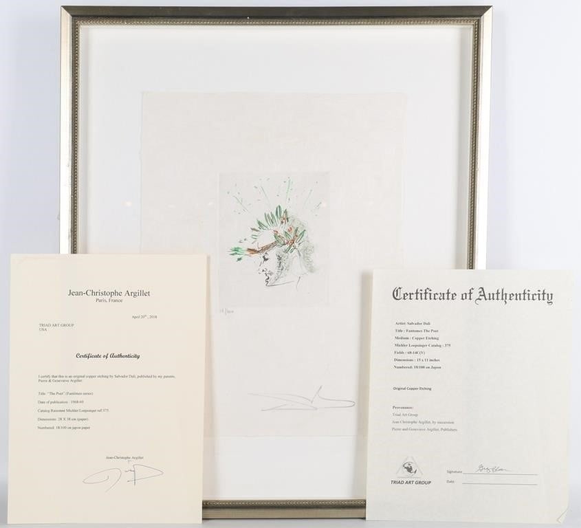 SALVADOR DALI THE POET FANTOMES PRINT 18/100 AUTO: "The Poet", a print from Salvador Dali's Fant?´mes series, which depicts a classically-inspired poet with a laurel wreath bound about his head, inspired by a vision from Goethe's Faust. 18/100. Featu