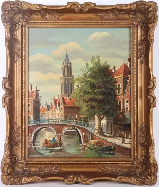 OIL ON BOARD OF A CITY AMIDST A RIVER FRAMED: Oil on board depicting a city amidst a river framed. The artist of this beautiful piece is unknown. Size: 13.00" X 15.00" Condition: Very fine.