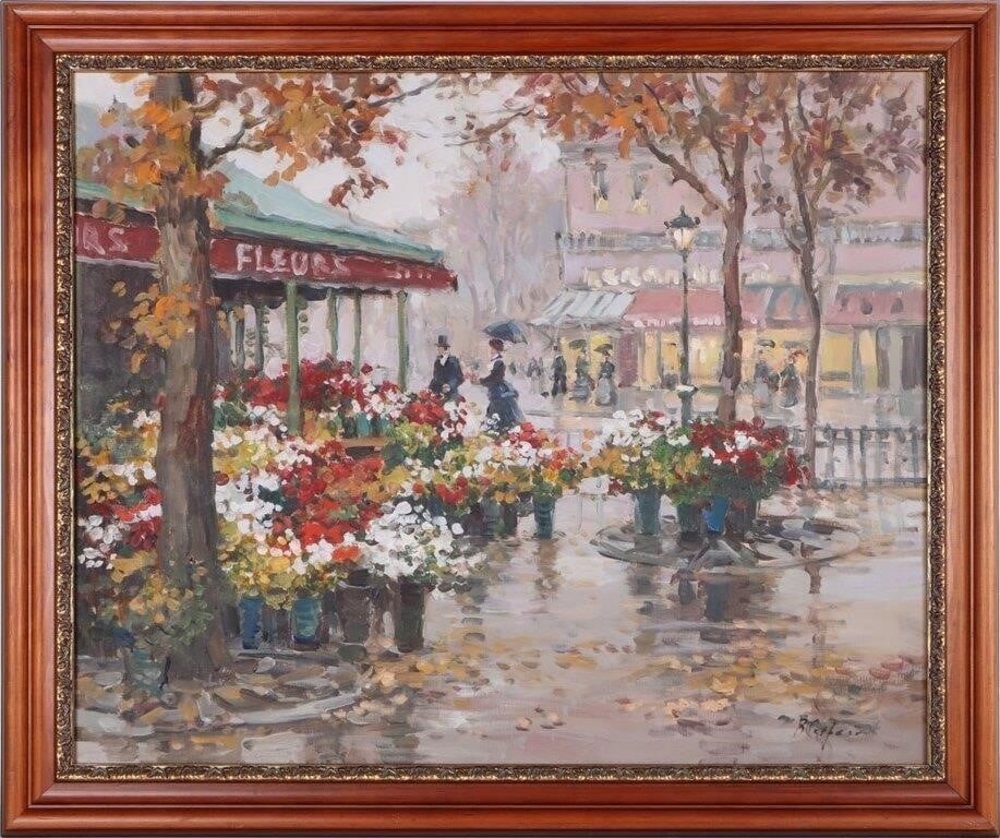 VALERY SEKRET FLOWER STALL PARIS OIL PAINTING: Oil-on-canvas painting by the Soviet/Russian artist Valery Sekret which depicts a colorful flower stall on a rainy Parisian street. The piece is contained in a simple wooden frame with an elaborate br
