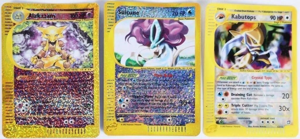 2002/03 POKEMON JUMBO AQUAPOLIS R HOLO CARDS-(3): 2002/2003 Pokemon Jumbo Aquapolis reverse holo cards to include Suicune #8/12, Alakazam #1/12, and Kabutops #12/12. Condition: some wear on the cards. See images for details. Non-sports cards Weight: 