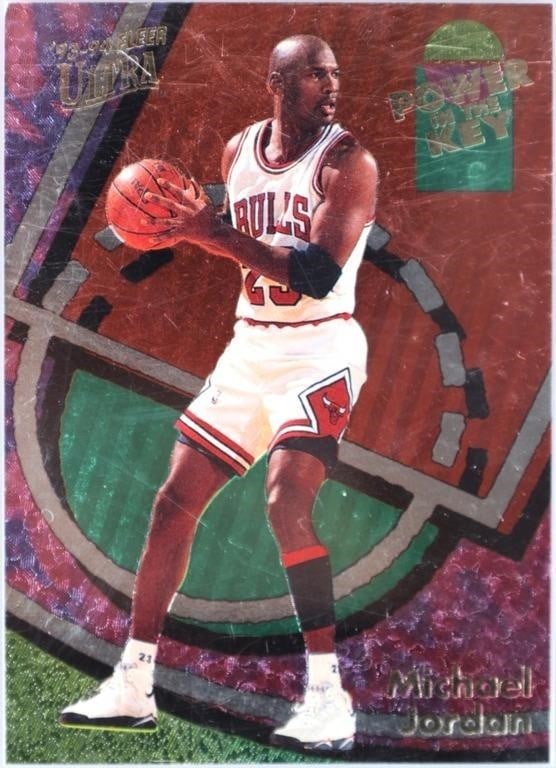 MICHAEL JORDAN FLEER ULTRA POWER IN THE KEY #2: Michael Jordan '93 - '94 Fleer Ultra Power in the Key Michael Jackson (2 of 9). Condition: A minor nick is present in the upper left hand corner, see pictures for more detail. Sports Autographs Weight