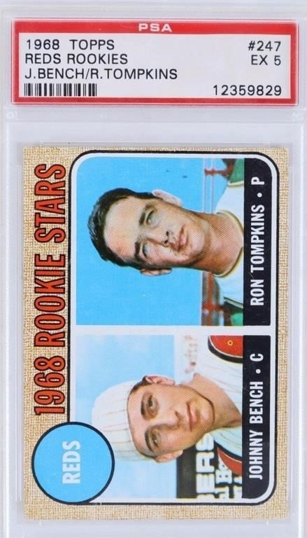 1968 TOPPS #247 JOHNNY BENCH RED ROOKIES PSA EX 5: 1968 Reds Rookie Stars Johnny Bench and Ron Tompkins #247, a Topps baseball card. PSA graded EX 5. Condition: PSA EX 5 Non-sports cards Weight: Topps Graded and Slabbed Baseball