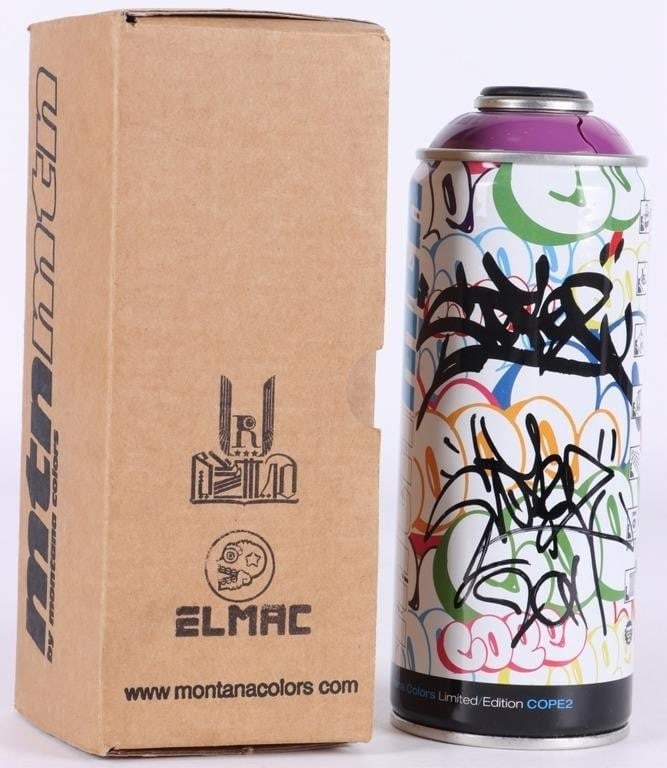 COPE2 SIGNED MONTANA MTN LIMITED ED SPRAY PAINT: COPE2 Montana MTN limited edition mint never sprayed spray paint can. Signed by the artist. Part of a series of 500. Includes original box. Size: 7.5 x 3.25 x 3" box Condition: Mint, never sprayed. Se