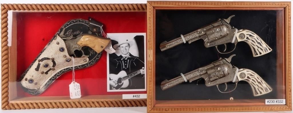 VINTAGE 1950'S HUBLEY & LESLIE CAP GUNS FRAMED-(3): Vintage 1950's Hubley & Leslie cap guns framed to include one Gene Autry Leslie Henry .44 cap gun in holster with pic, one 1950's Hubley Ranger and one Marshall cap gun framed in glass. Size: 15.00" X