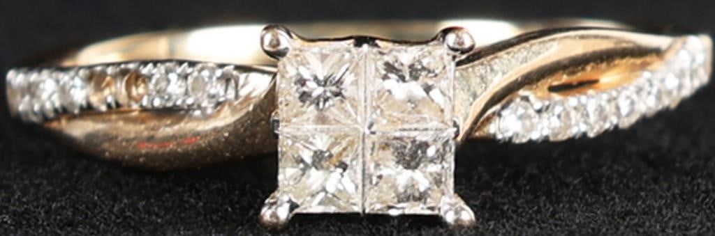 14K YELLOW GOLD NATURAL DIAMOND LADIES RING: 14K yellow gold natural diamond ladies ring. Gemstones to include four 0.10ct princess cut natural diamonds, and fourteen 0.01ct round cut diamonds. Stone Type: Diamond Weight: 2.72 Grams Size: 8.00 U