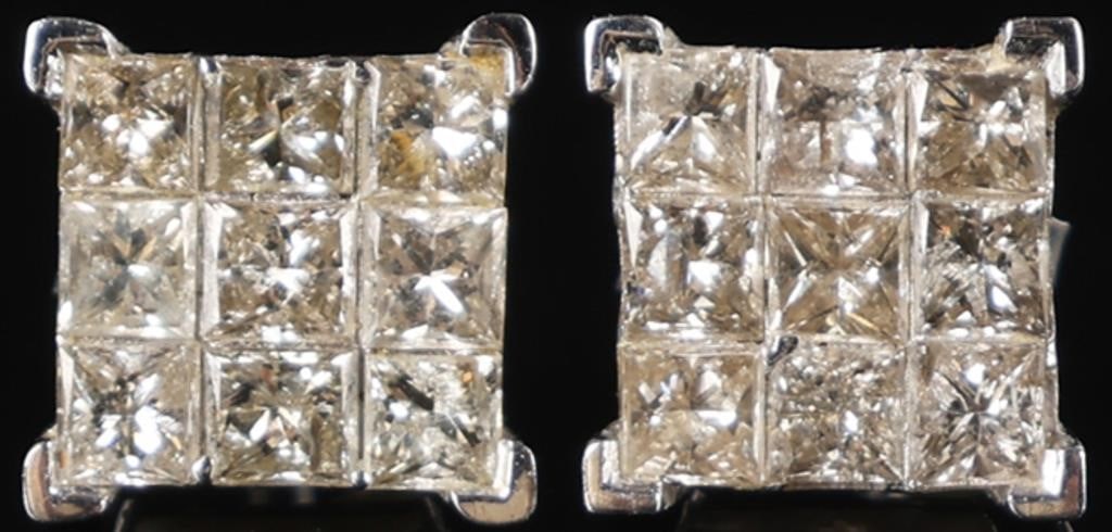 14K WHITE GOLD INVISIBLE SET DIAMOND STUD EARRINGS: 14K white gold invisible set princess cut diamond stud earrings. Each earring features a cluster of 9 square cut diamonds Stone Type: Diamond Condition: No loose or missing diamonds. See images for co