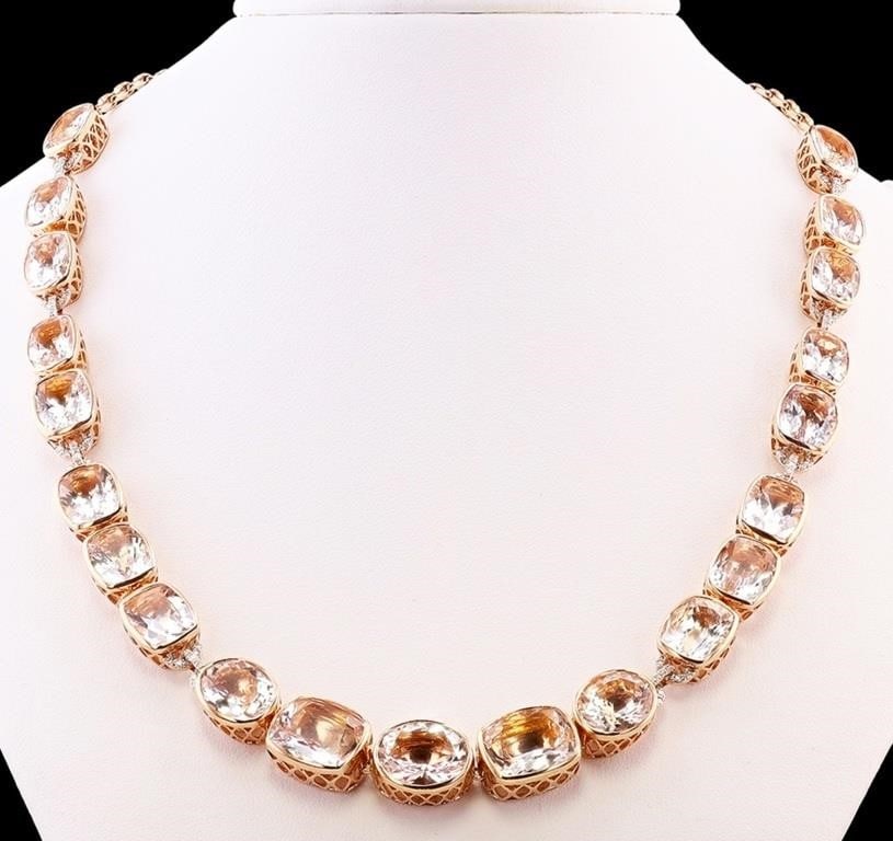 34.5CTW MORGANITE 14K ROSE GOLD LADIES NECKLACE: Fourteen karat (14K) rose gold natural morganite beryl and diamond necklace. Cushion and oval brilliant cut natural morganite beryl gemstones are mounted in the center of the necklace. Round brilliant