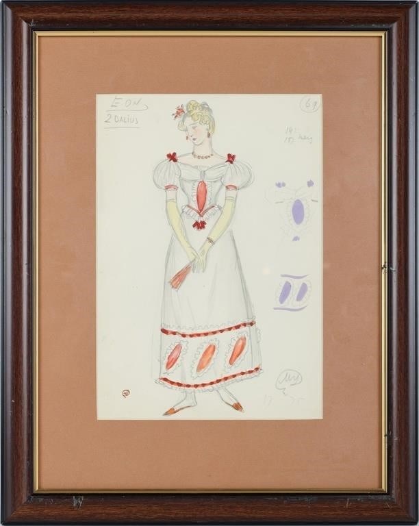 DOBUZHINSKY EUGENE ONEGIN COSTUME SKETCH BLONDE: Antique costume sketch by Mstislav Dobuzhinsky (1875 - 1957) for the 1937 production of Tchaikovsky's Eugene Onegin. Contained in a simple wooden frame with a black outer border and a gold-painted inn