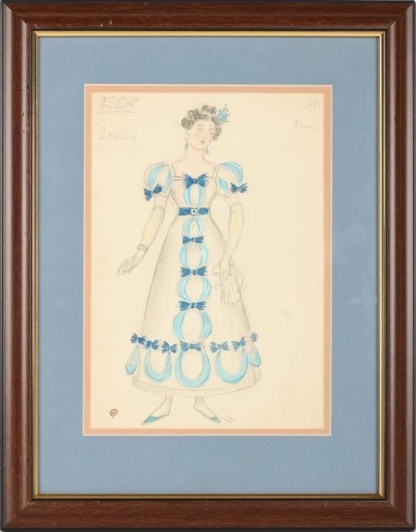 DOBUZHINSKY EUGENE ONEGIN COSTUME SKETCH RIBBONS: Antique costume sketch by Mstislav Dobuzhinsky (1875 - 1957) for the 1937 production of Tchaikovsky's Eugene Onegin. Contained in a simple wooden frame with a black outer border and a gold-painted inn